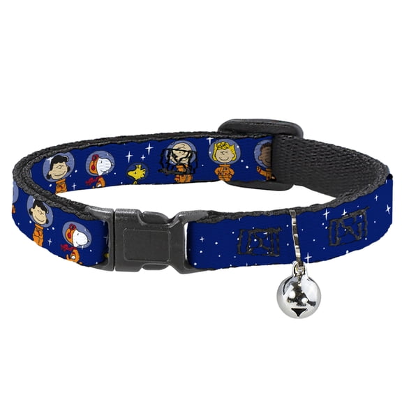 Peanuts Worldwide LLC Cat Collar, Breakaway Collar with Bell, Peanuts Gang Astronauts Standing Poses Stars Blue White, 8.5 to 12 Inches 0.5 Inch Wide