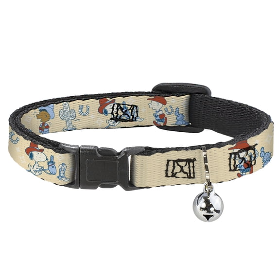 Peanuts Worldwide LLC Cat Collar, Breakaway Collar with Bell, Peanuts Snoopy and Friends Desert Cowboy Poses Beige, 8.5 to 12 Inches 0.5 Inch Wide