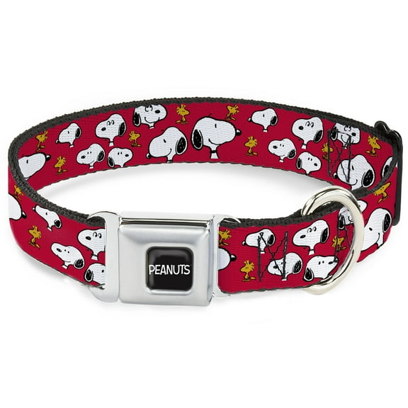 Peanuts Worldwide LLC Pet Collar, Dog Collar Metal Seatbelt Buckle, Peanuts Snoopy and Woodstock Poses Scattered Red, 9.5 to 13 Inches 1.0 Inch Wide