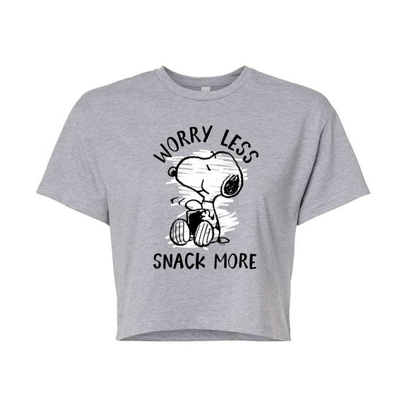 Peanuts - Worry Less Snack More Snoopy - Juniors Cropped Cotton Blend T-Shirt