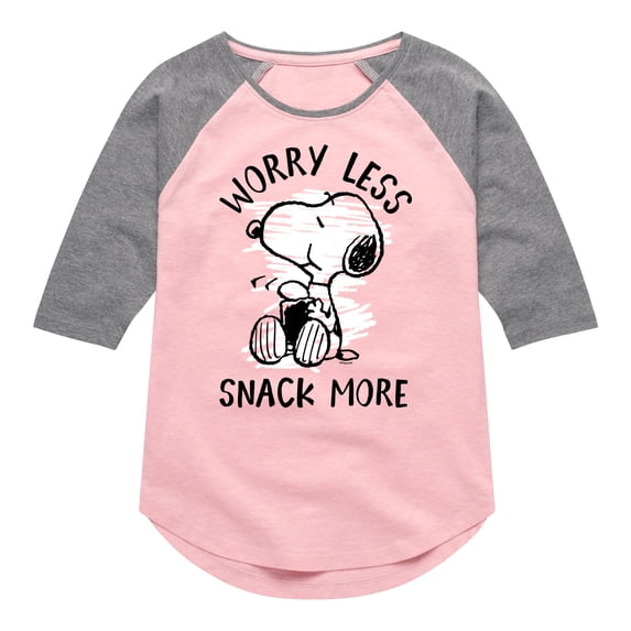 Peanuts - Worry Less Snack More Snoopy - Toddler & Youth Girls Raglan Graphic T-Shirt
