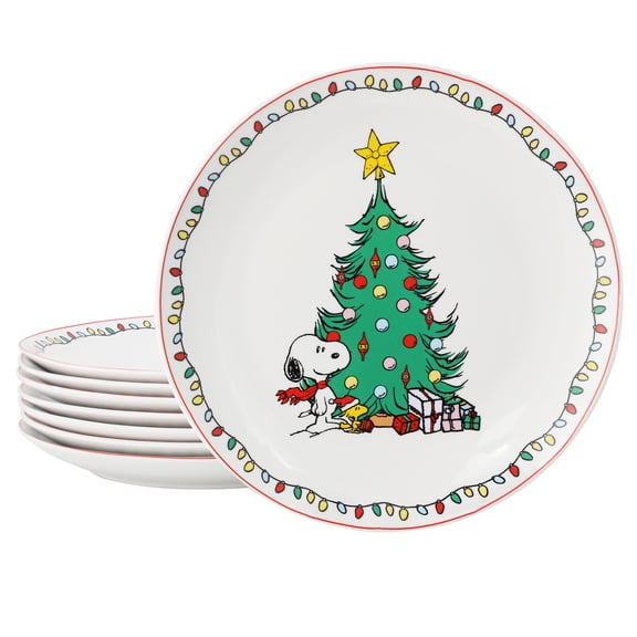 Peanuts Xmas 8 Piece 10.5 Inch Round Stoneware Dinner Plate Set in White