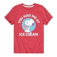 thumbnail image 1 of Peanuts - You Had Me At Ice Cream - Youth Short Sleeve Tee, 1 of 6