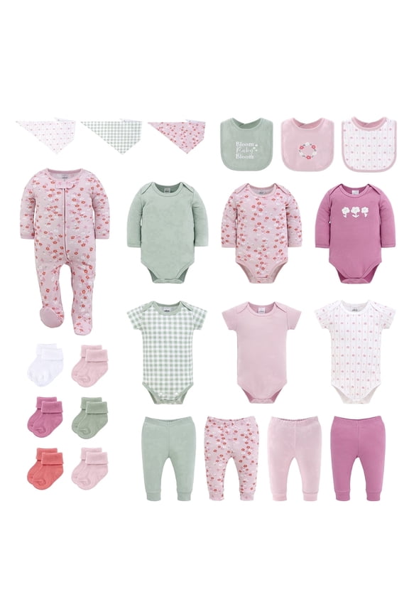 Baby Girl Clothes, Cherry Blossom Check Baby Clothes Set, 0-3 Months, 23-Piece