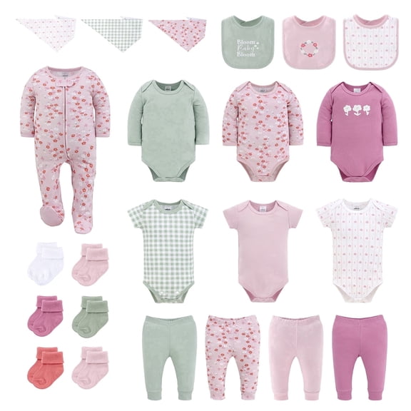 The Peanutshell Baby Girl Clothes, Cherry Blossom Check Baby Clothes Set, 6-9 Months, 23-Piece