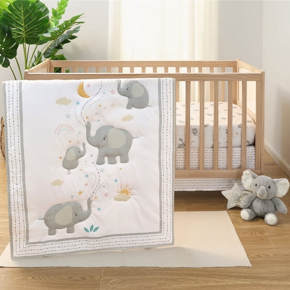 The Peanutshell Elephant Whimsy 3-Piece Baby Crib Bedding Set with Quilt Blanket, Crib Sheet, and Skirt