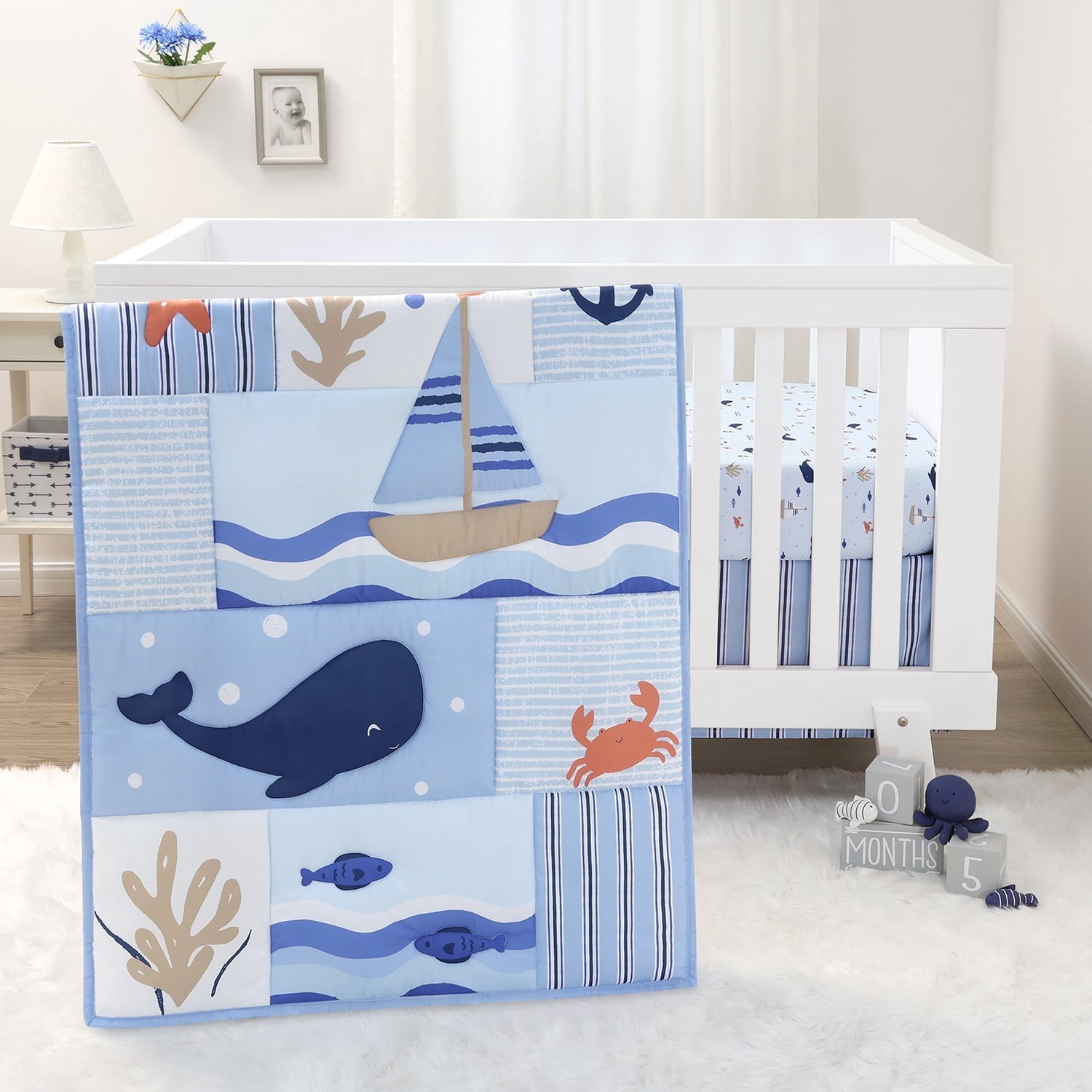 The Peanutshell Nautical Patch 3-Piece Baby Crib Bedding Set with Quilt Blanket, Crib Sheet, and Skirt