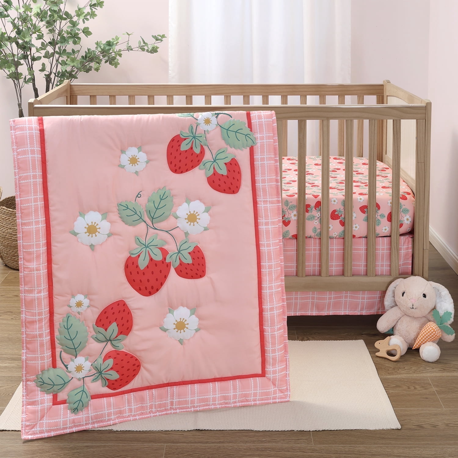 The Peanutshell Strawberry Sweet 3-Piece Baby Crib Bedding Set with Quilt Blanket, Crib Sheet, and Skirt