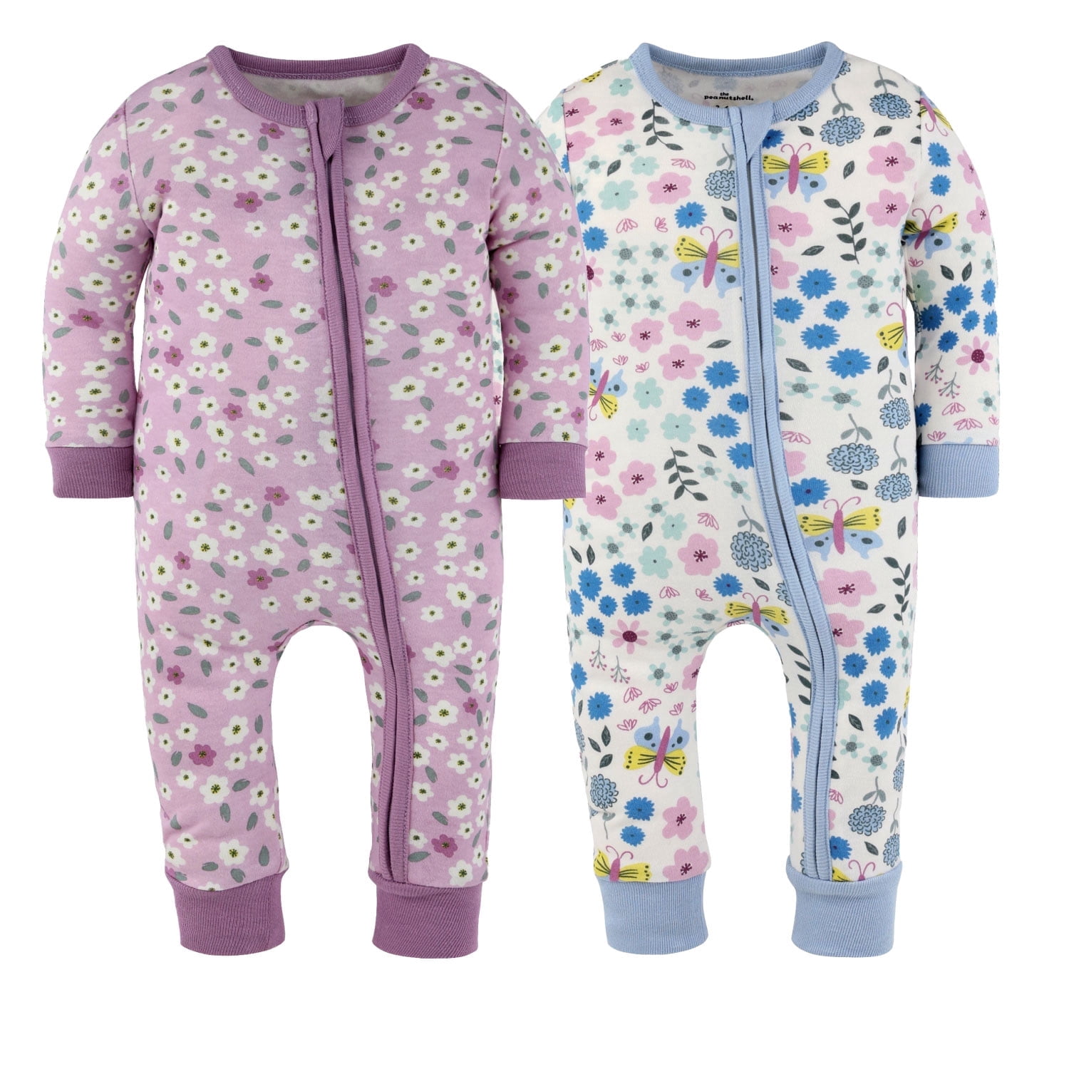 The Peanutshell Blissful Florals Baby Pajamas, Footless Baby Sleepers, Pink-Purple-Blue, 12-18 Months, 2-Pack