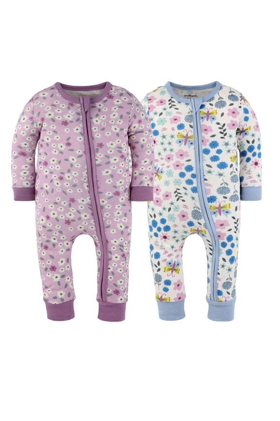 Blissful Florals Baby Pajamas, Footless Baby Sleepers, Pink-Purple-Blue, 12-18 Months, 2-Pack