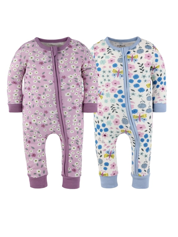 Blissful Florals Baby Pajamas, Footless Baby Sleepers, Pink-Purple-Blue, 9-12 Months, 2-Pack