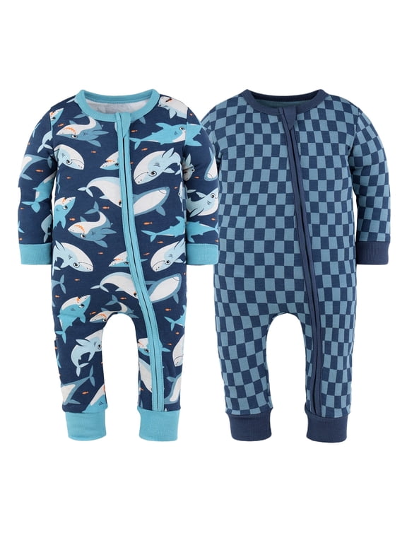 Sharks Baby Pajamas, Footless Baby Sleepers, Navy-Teal-Blue, 3T, 2-Pack