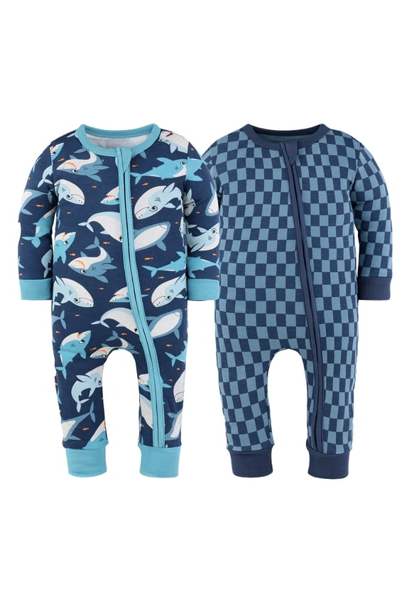 Sharks Baby Pajamas, Footless Baby Sleepers, Navy-Teal-Blue, 9-12 Months, 2-Pack