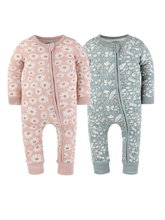 Boho Meadow Baby Pajamas, Footless Baby Sleepers, Pink-Sage Green, 6-9 Months, 2-Pack
