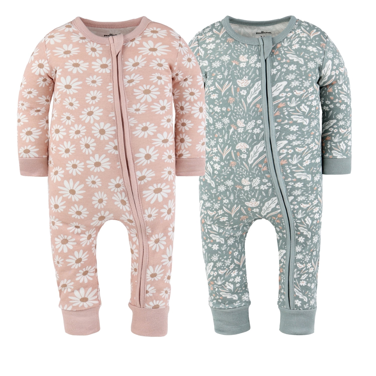 The Peanutshell Boho Meadow Baby Pajamas, Footless Baby Sleepers, Pink-Sage Green, 9-12 Months, 2-Pack