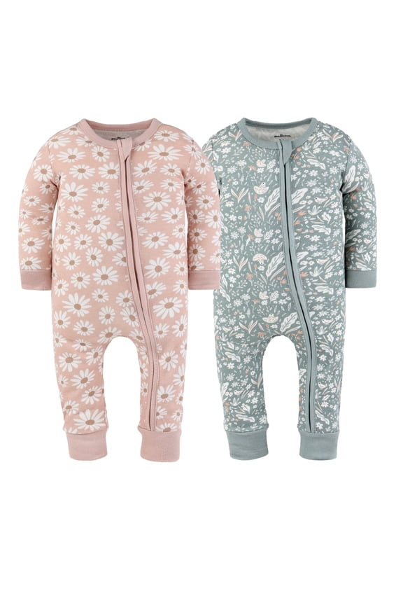 Boho Meadow Baby Pajamas, Footless Baby Sleepers, Pink-Sage Green, 9-12 Months, 2-Pack