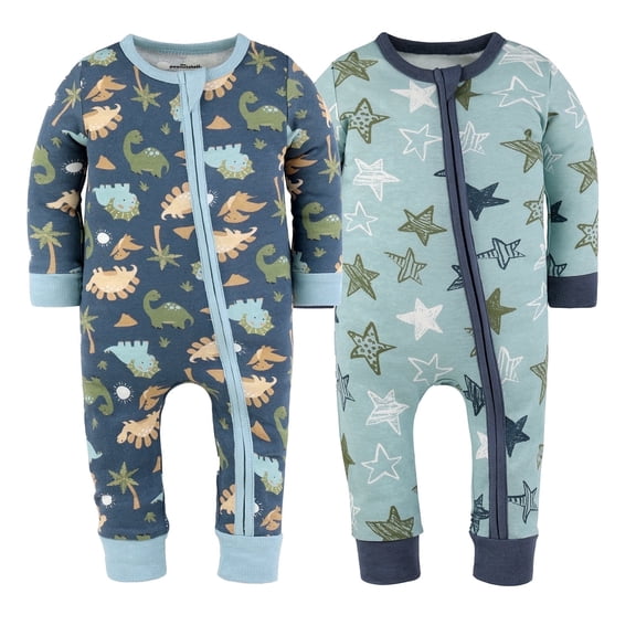 The Peanutshell Dino Star Baby Pajamas, Footless Baby Sleepers, Navy-Light Blue, 3-6 Months, 2-Pack