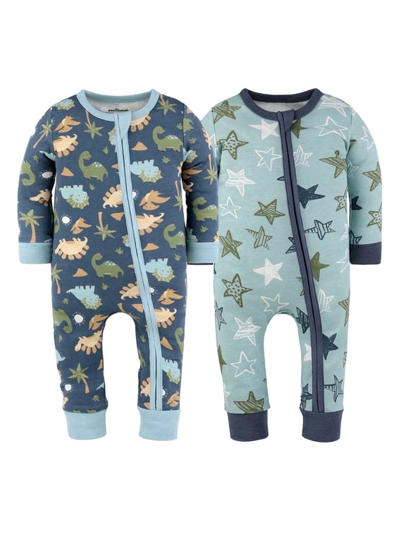 Dino Star Baby Pajamas, Footless Baby Sleepers, Navy-Light Blue, 2T, 2-Pack