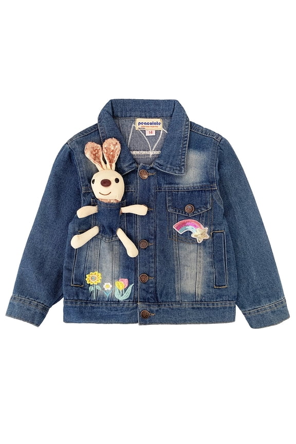 Peaoclate 3-10Years Spring Autumn Girl's Denim Rabbit Jacket Little Girls Embroider Rabbit Outerwear Coat Jacket,Rabbit,7-8Years