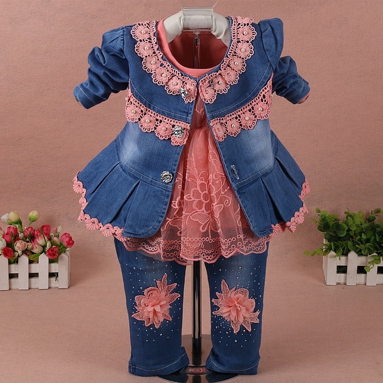 Peaoclate 6M-4Y Spring Autumn Infant Toddler Baby Girl Denim Clothing 3 pcs Sets 3 pcs Casual Outfits Lace Dress Jacket and Jeans,2-3Years,Flower-Orange