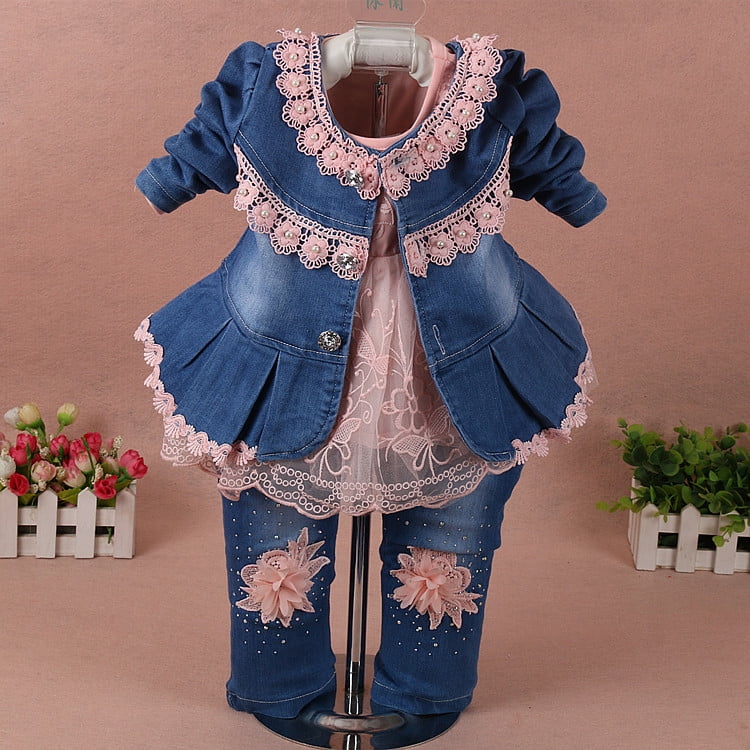 Peaoclate 6M-4Y Spring Autumn Infant Toddler Baby Girl Denim Clothing 3 pcs Sets 3 pcs Casual Outfits Lace Dress Jacket and Jeans,2-3Years,Flower-Pink