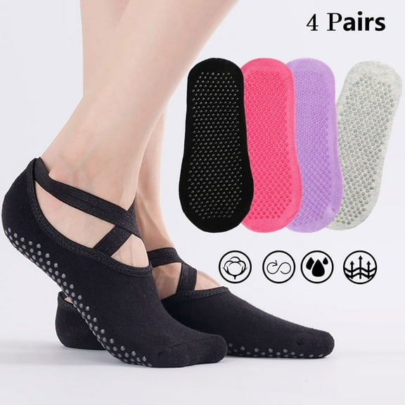 Peaoy 4 Pairs Yoga Socks for Women Non-slip Barre Socks Pilates Socks with Straps