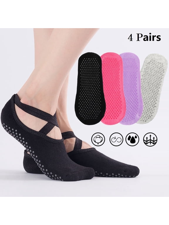 4 Pairs Yoga Socks for Women Non-slip Barre Socks Pilates Socks with Straps
