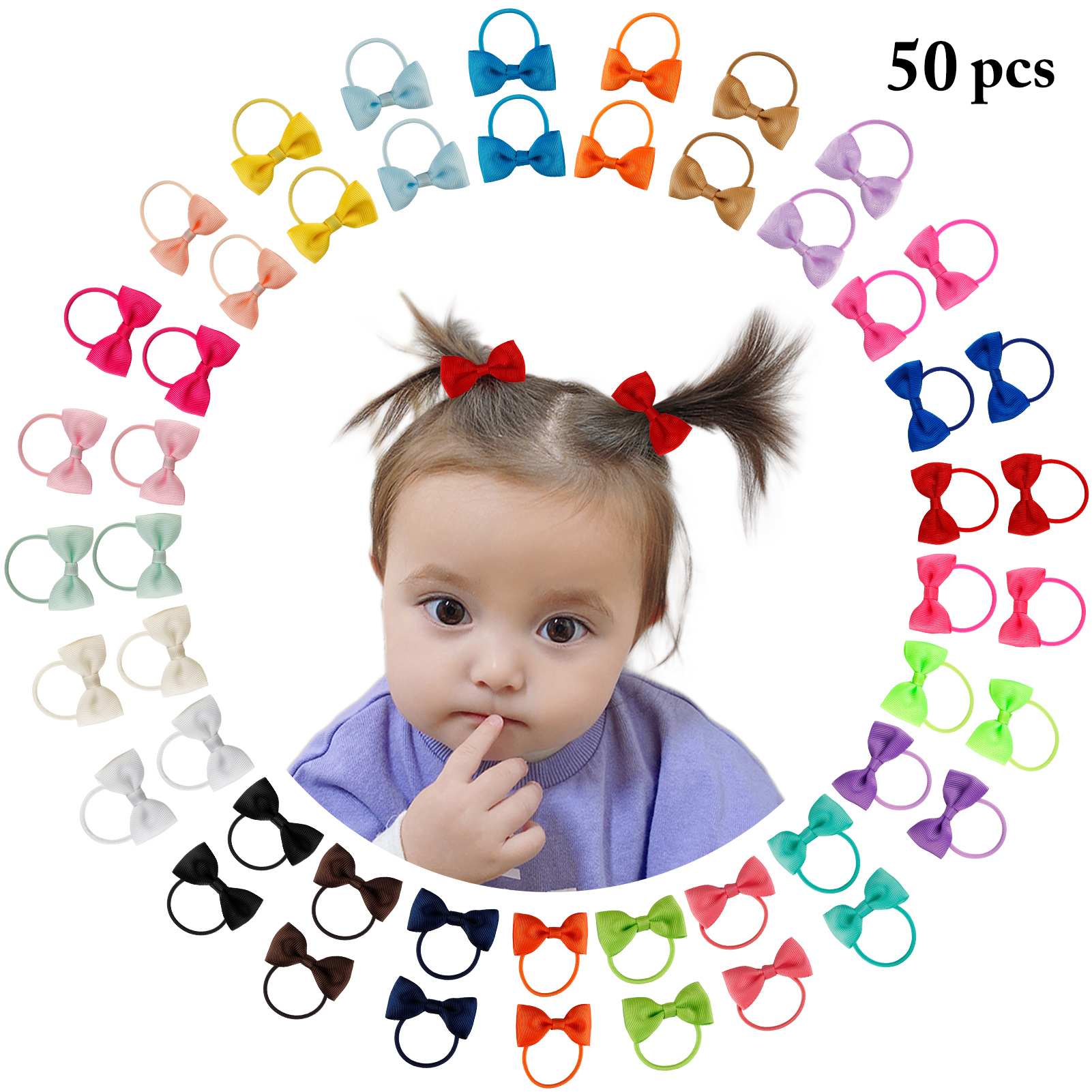 Peaoy 50PCS Baby Hair Ties with Bows for Infants Toddler Girls Grosgrain Ribbon Rubber Bands Elastic Ponytail Holders 2 Inch - image 1 of 9