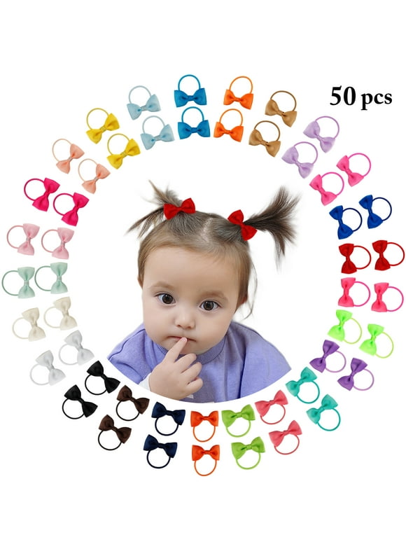 Peaoy 50PCS Baby Hair Ties with Bows for Infants Toddler Girls Grosgrain Ribbon Rubber Bands Elastic Ponytail Holders 2 Inch