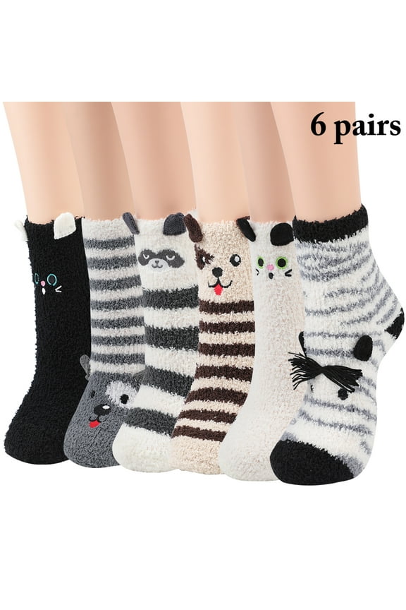 6 Pairs Fuzzy Socks for Women Girls Cute Animal Crew Socks Winter Warm Socks Slipper Socks