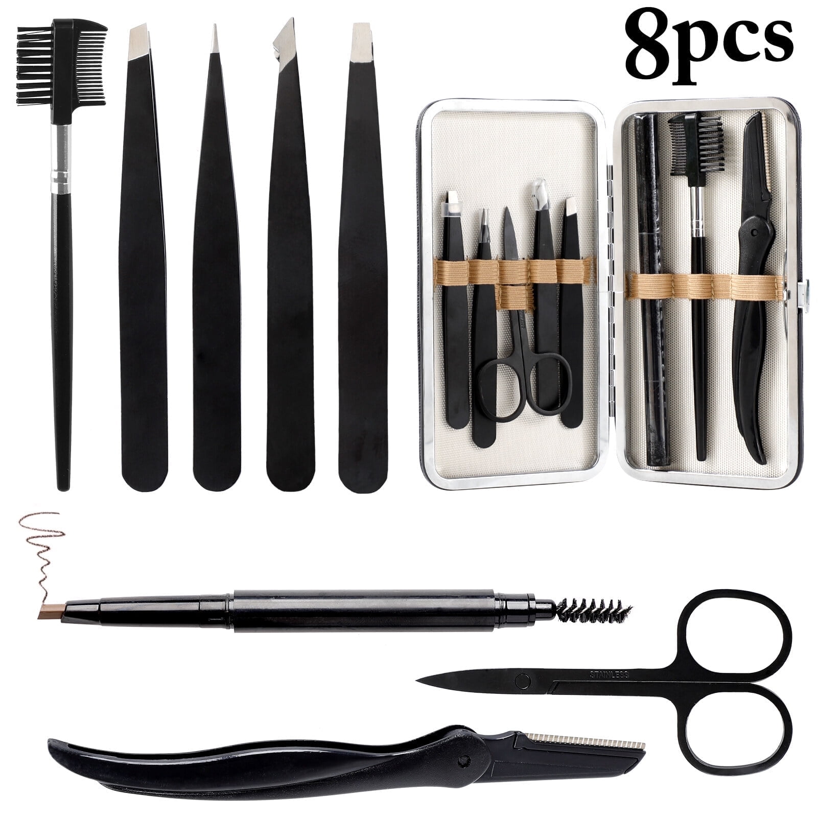 Peaoy 8PCS Eyebrow Tweezers Kit for Women Men Stainless Steel Trimming Set Includes Razor Pencil Scissors and Brush