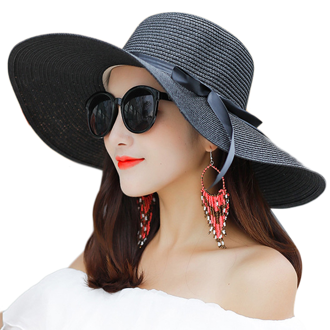 Peaoy Travel Foldable Wide Brim Bowknot UV Protection Floppy Summer Cap Sun Hat for Women Girl - image 1 of 6