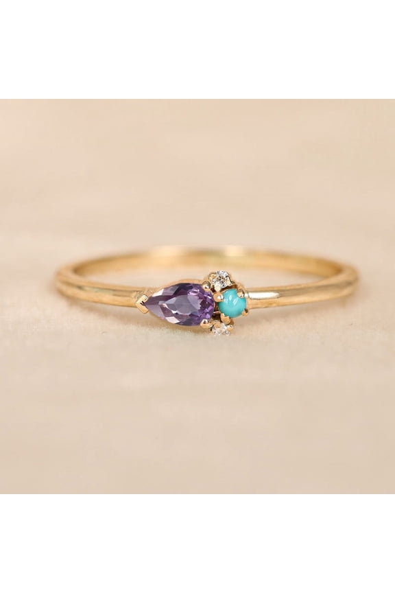 Pear Alexandrite, & Diamond Turquoise Ring, 925 Sterling Silver Delicate Ring, Dainty Stackable Ring, Minimalist Ring, Anniversary Gift.
