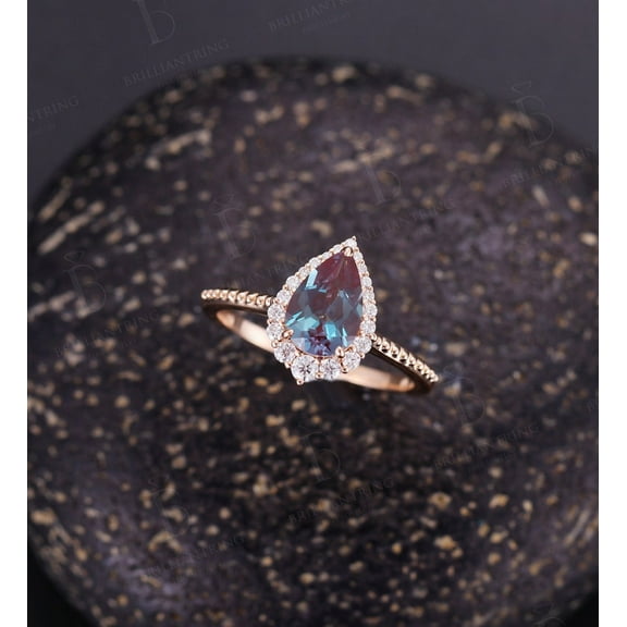 Pear Alexandrite engagement ring moissanite halo Rose gold ring milgrain art deco diamond ring unique anniversary promise ring