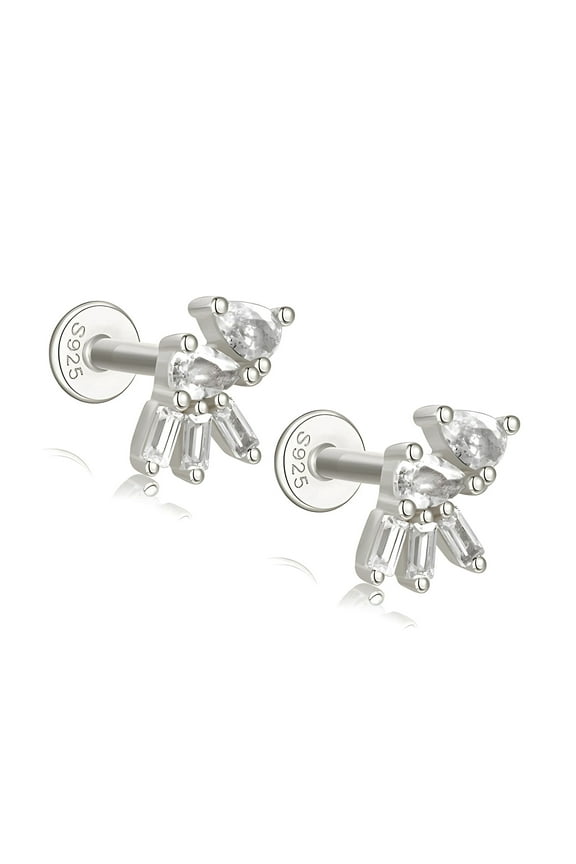 Pear Baguette CZ Flat Back Earrings for Cartilage Helix Tragus Lobe 16g 8mm Sterling Silver 1 pair by Ginger Lyne