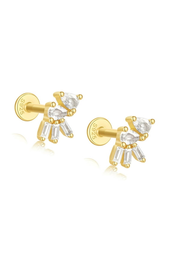 Pear Baguette CZ Flat Back Earrings for Cartilage Helix Tragus Lobe 16g Gold Plated Sterling Silver 1 pair by Ginger Lyne