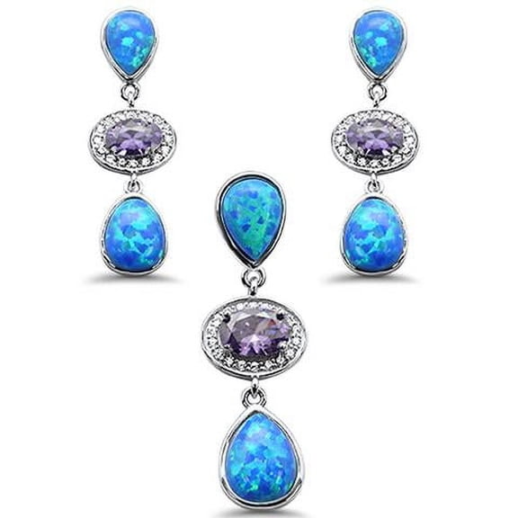 Pear Blue Opal & Amethyst .925 Sterling Silver Pendant & Earring Set