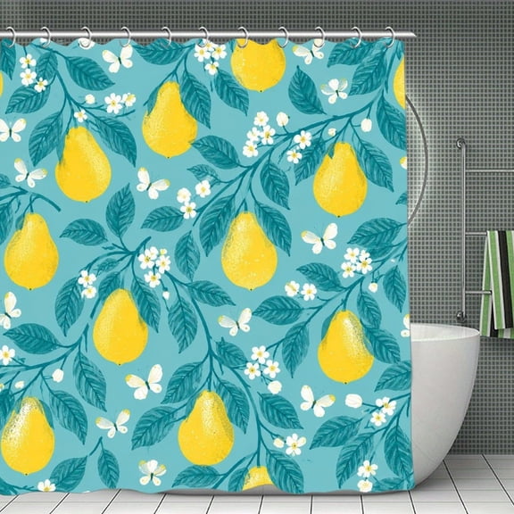 Pear Branch Pattern Print Shower Curtain,Cloth Fabric Waterproof Polyester Bathroom Home Decor Set with Hooks 70.8×70.8Inch