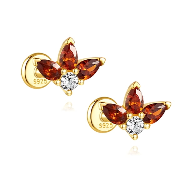 Pear Burnt Orange CZ Flat Back Earrings for Cartilage or Lobe Gold Plated Sterling Silver 1 pair by Ginger Lyne