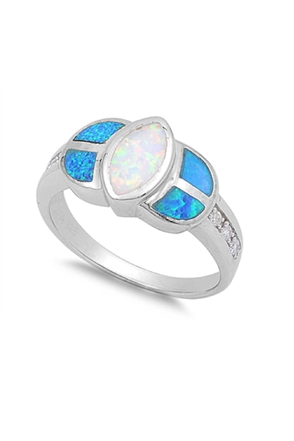 Pear Center Cubic Zirconia White & Blue Simulated Opal Sterling Silver Size 5
