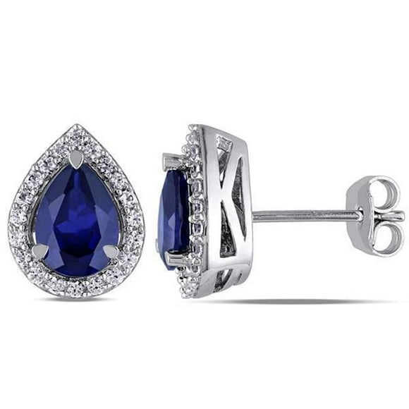Pear Ceylon Blue Sapphire Diamonds 3.44 CT Stud Earring, 14K White Gold