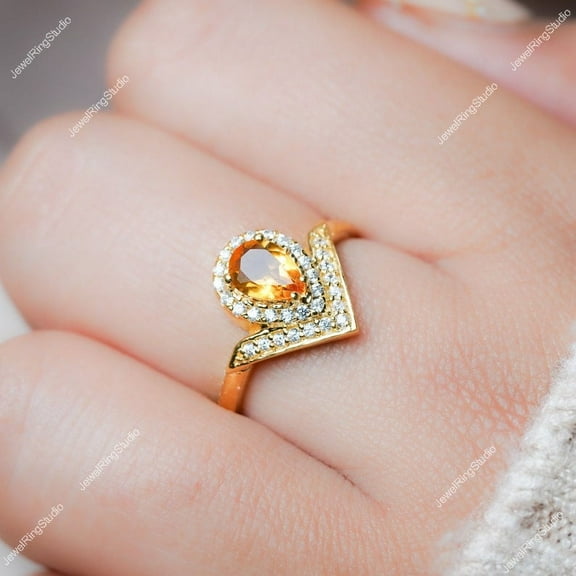 Pear Citrine Ring Silver Gold Engagement Ring November Birthstone Ring Women Wedding Gift