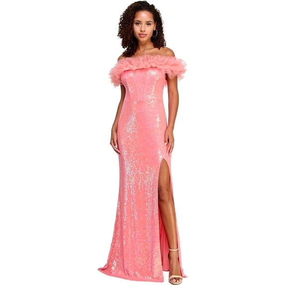 pear culture Womens Tulle Trim Sequin Gown Dress, Pink, Juniors, 5/6