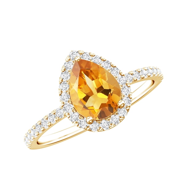 Rosec Jewels Citrine Teardrop Engagement Ring with Halo - Natural Citrine Diamond Ring - 1 Carat - AAA Quality - with Jewelry Box, 10K Yellow Gold, US 3.00