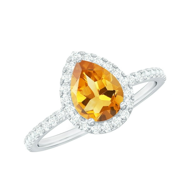 Rosec Jewels Citrine Teardrop Engagement Ring with Halo - 6X8 mm - Natural Citrine Diamond Ring - AAA Quality - with Jewelry Box, 18K White Gold, US 6.00