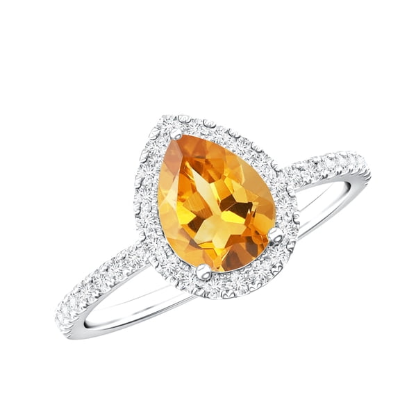 Rosec Jewels Citrine Teardrop Engagement Ring with Halo - Natural Citrine Diamond Ring - 1 Carat - AAA Quality - with Jewelry Box, 925 Sterling Silver, US 4.00