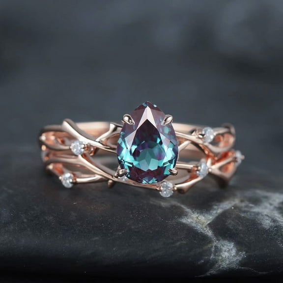 Pear Cut Alexandrite Diamond Engagement Ring Set 14K Rose Gold Moissanite Branch Twisted Promise Wedding Rings Bridal Set For Women