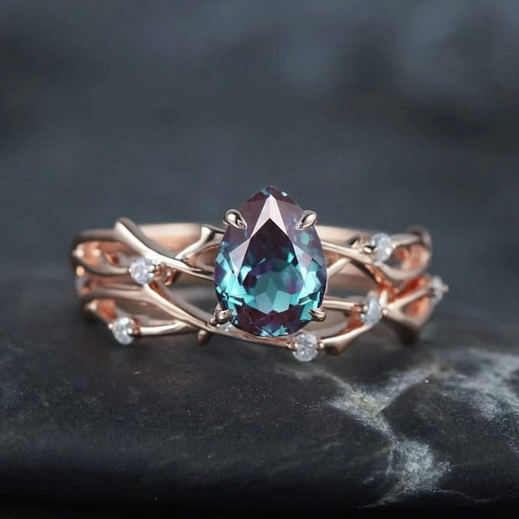Pear Cut Alexandrite Diamond Engagement Ring Set 14K Rose Gold Moissanite Branch Twisted Promise Wedding Rings Bridal Set For Women