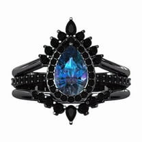 Pear Cut Alexandrite & Diamond Ring Set- 14K Black Gold Vermeil- Gothic Wedding Engagement Ring - June Birthstone