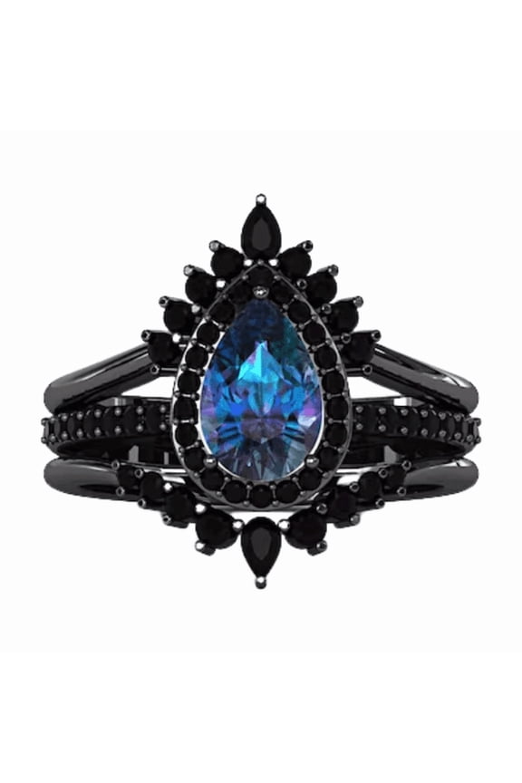 Pear Cut Alexandrite & Diamond Ring Set- 14K Black Gold Vermeil- Gothic Wedding Engagement Ring - June Birthstone